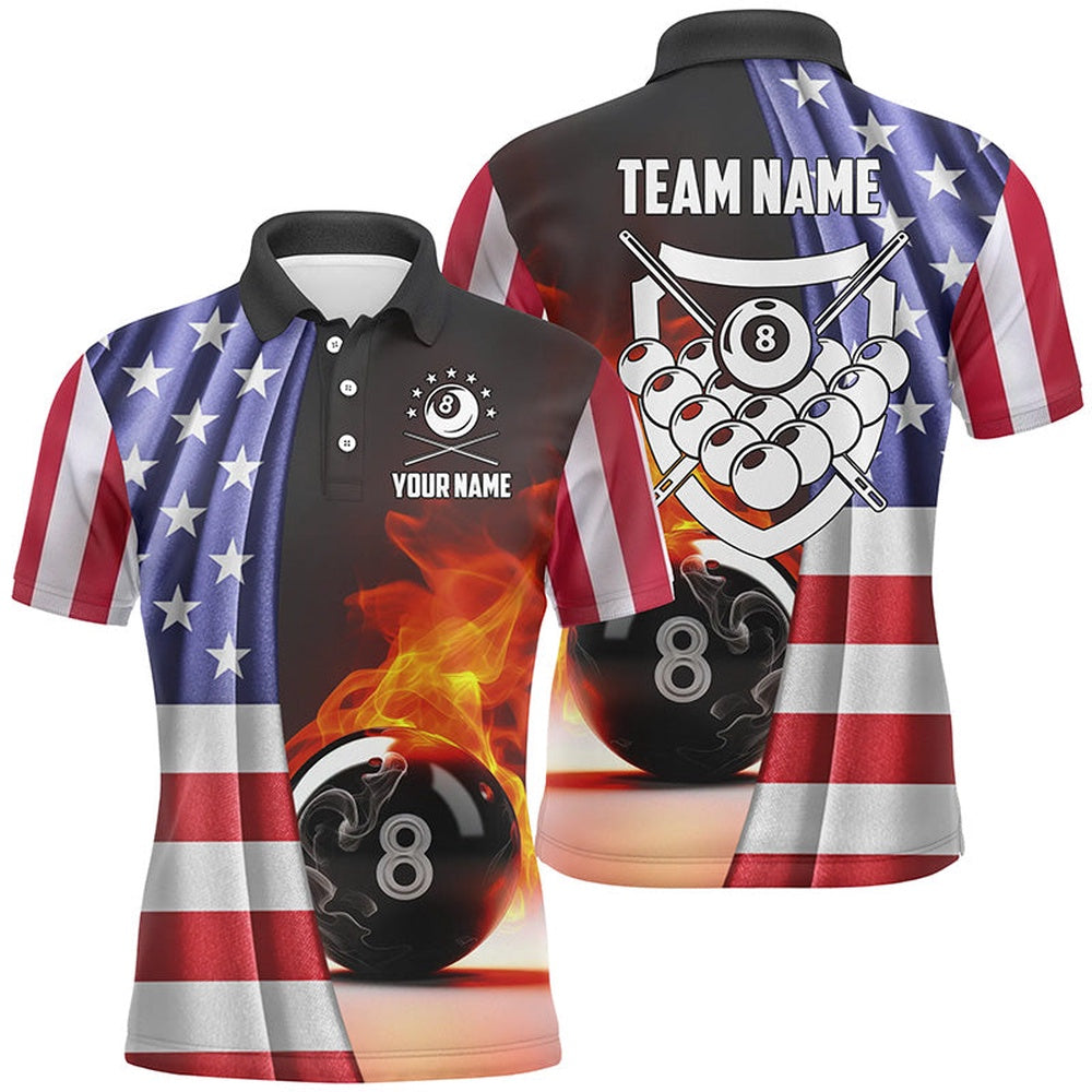 Billiard Polo Shirts, Personalized Fire 8 Ball Pool Billiard 3D Polo Shirts, Custom US Flag Billiards Jerseys, Billiards Team Shirts