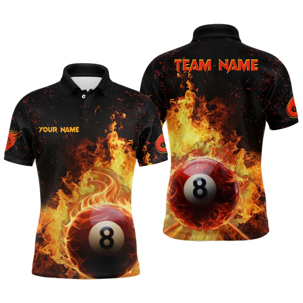 Billiard Polo Shirts, Personalized Fire 8 Ball Pool Black Billiard 3D Polo Shirts, Custom Billiard Team Shirts, Billiards Team Shirts