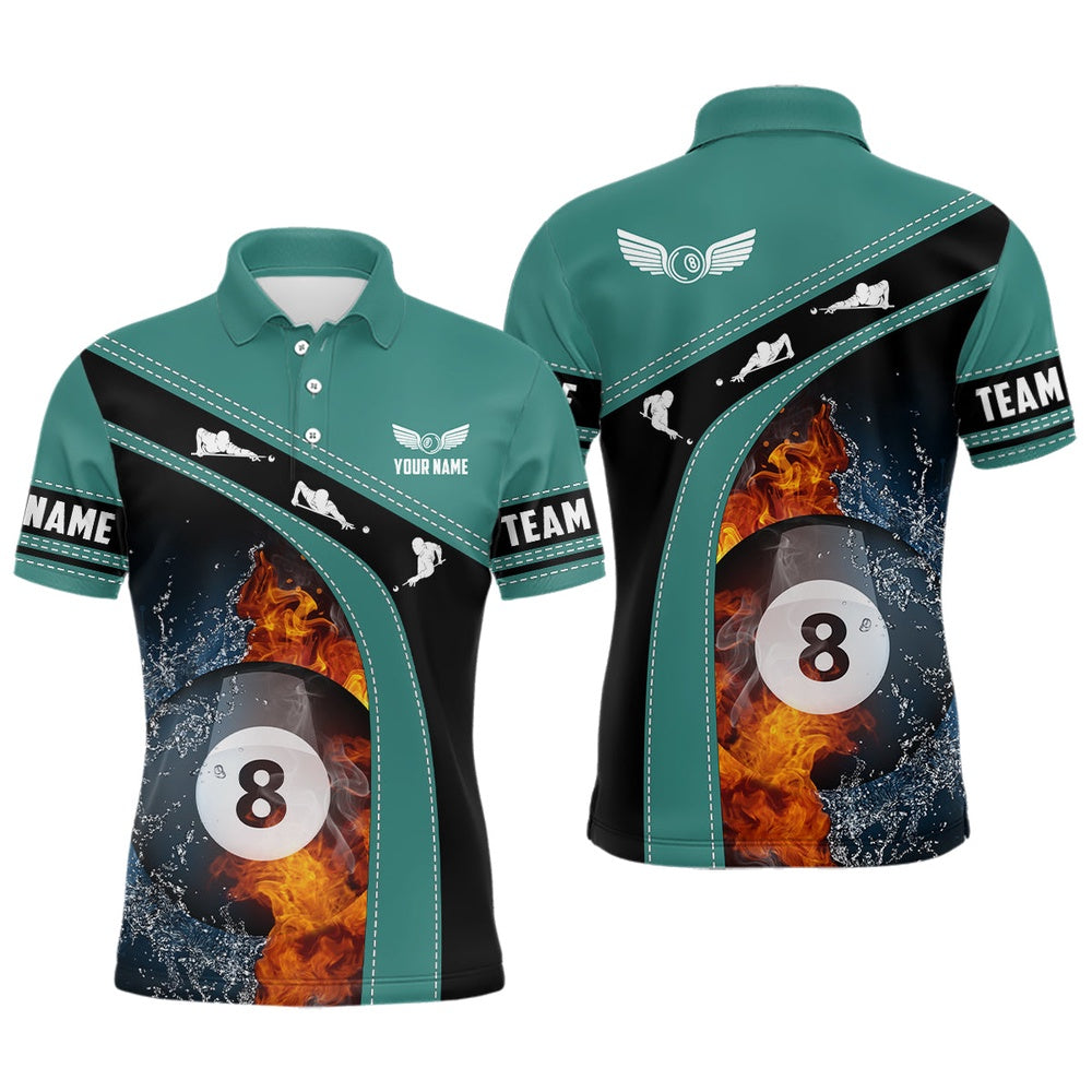Billiard Polo Shirts, Personalized Fire And Water 8 Ball Billiard Green Black 3D Polo Shirts, Billiards Jerseys, Billiards Team Shirts