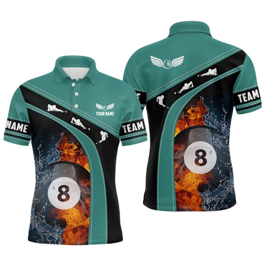 Billiard Polo Shirts, Personalized Fire And Water 8 Ball Billiard Green Black 3D Polo Shirts, Billiards Jerseys, Billiards Team Shirts