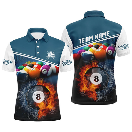 Billiard Polo Shirts, Personalized Fire And Water 8 Ball Billiards Blue 3D Polo Shirts, Custom Billiards Jerseys, Billiards Team Shirts
