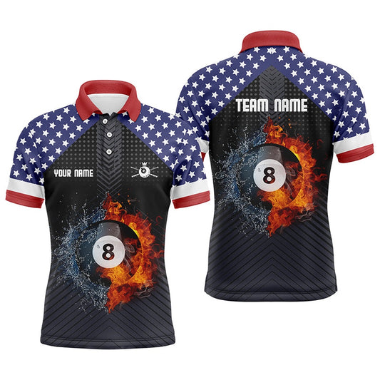 Billiard Polo Shirts, Personalized Fire And Water 8 Ball US Flag Billiard Polo Shirts, Custom 8 Ball Pool Jerseys, Billiards Team Shirts