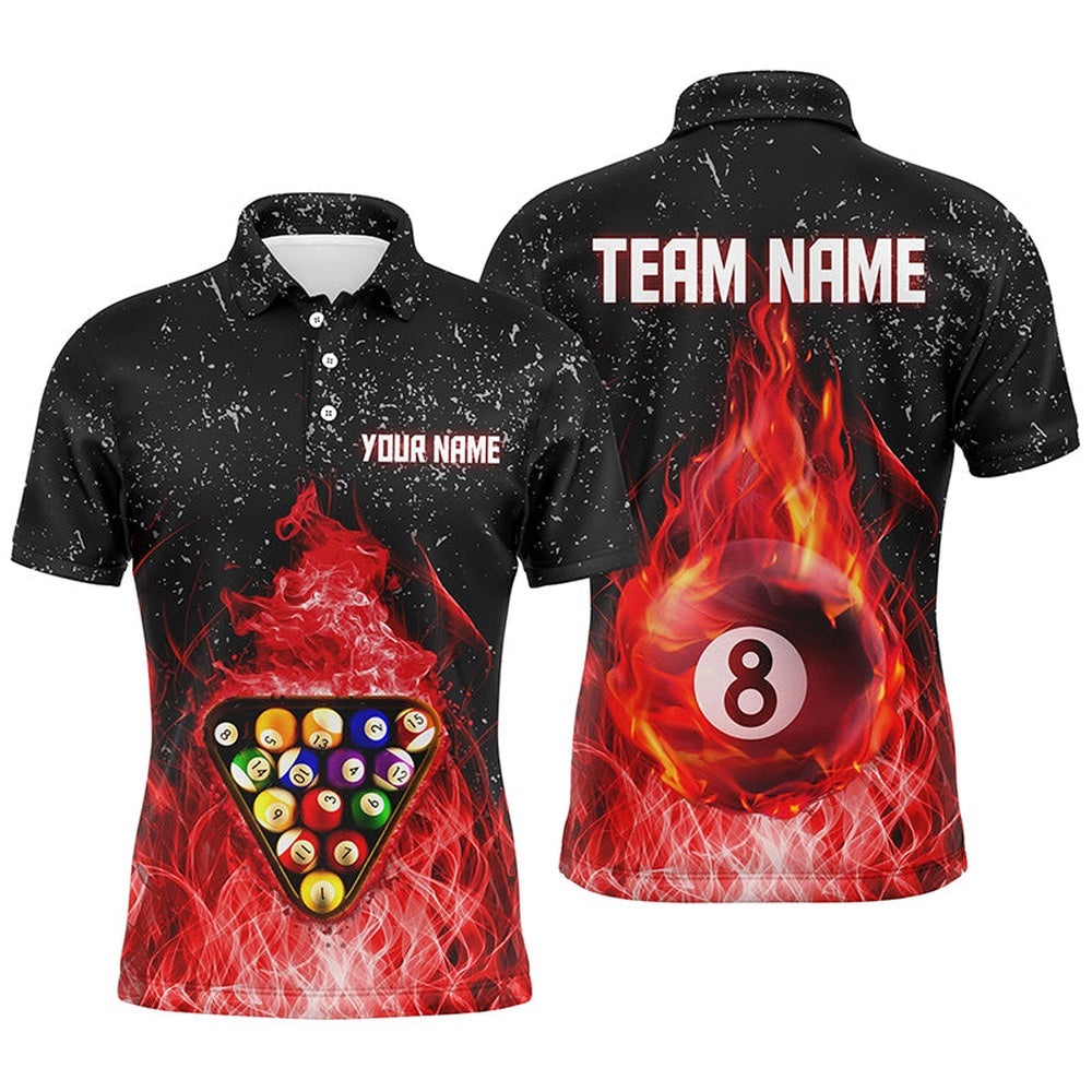 Billiard Polo Shirts, Personalized Fire Billiard Balls Red Black Billiard 3D Polo Shirts, 8 Ball Pool Shirts, Billiards Team Shirts