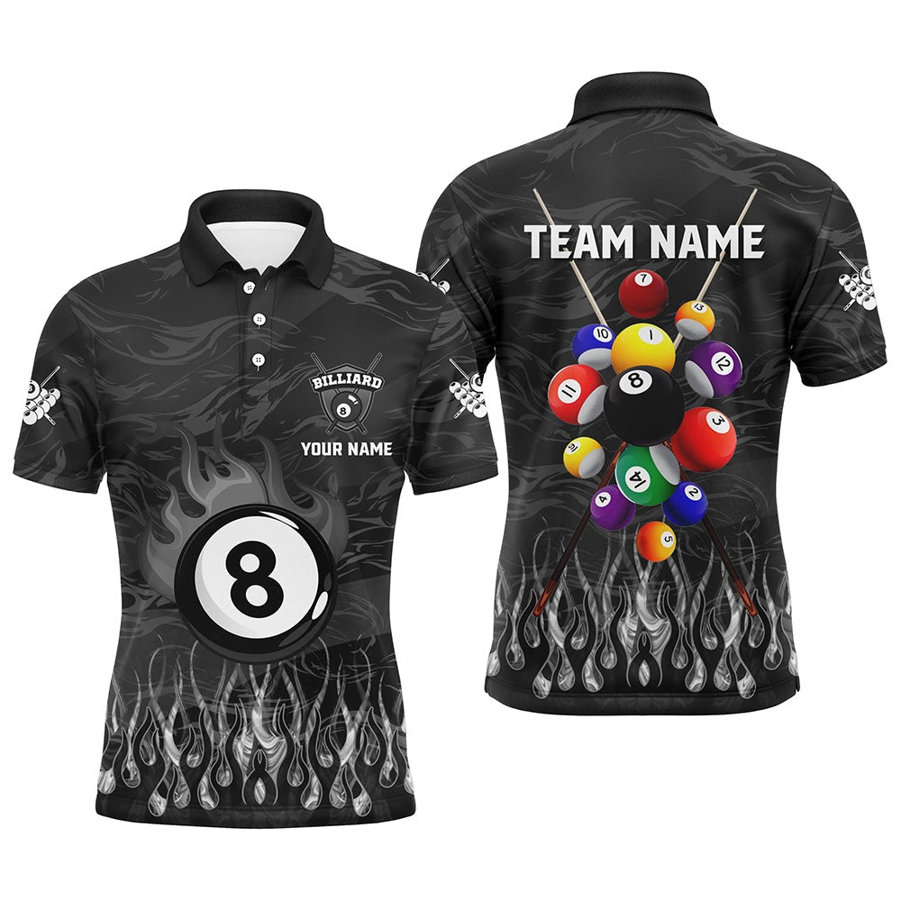 Billiard Polo Shirts, Personalized Fire Flame 3D Billiard Balls Polo Shirts Custom Black Billiard Jersey Attire, Billiards Team Shirts