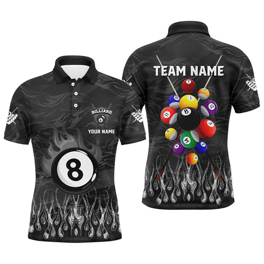 Billiard Polo Shirts, Personalized Fire Flame 3D Billiard Balls Polo Shirts Custom Black Billiard Jersey Attire, Billiards Team Shirts
