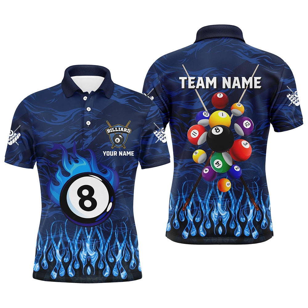 Billiard Polo Shirts, Personalized Fire Flame 3D Billiard Balls Polo Shirts Custom Blue Billiard Jersey Attire, Billiards Team Shirts