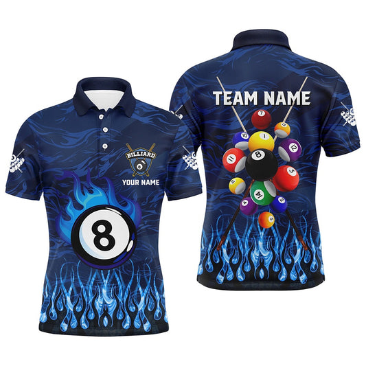 Billiard Polo Shirts, Personalized Fire Flame 3D Billiard Balls Polo Shirts Custom Blue Billiard Jersey Attire, Billiards Team Shirts
