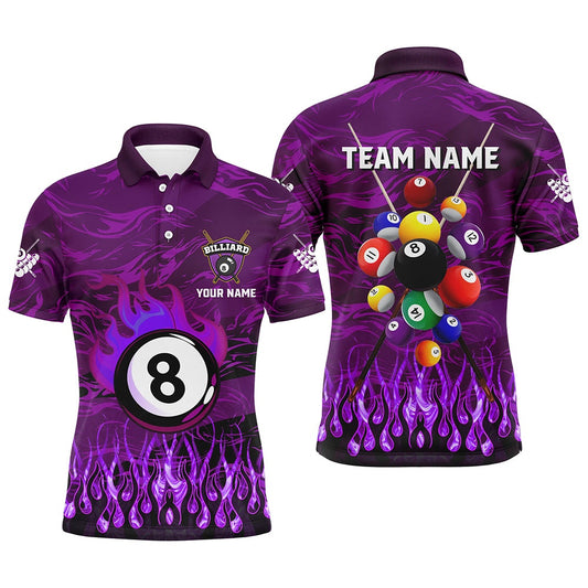Billiard Polo Shirts, Personalized Fire Flame 3D Billiard Balls Polo Shirts Custom Purple Billiard Jersey Attire, Billiards Team Shirts