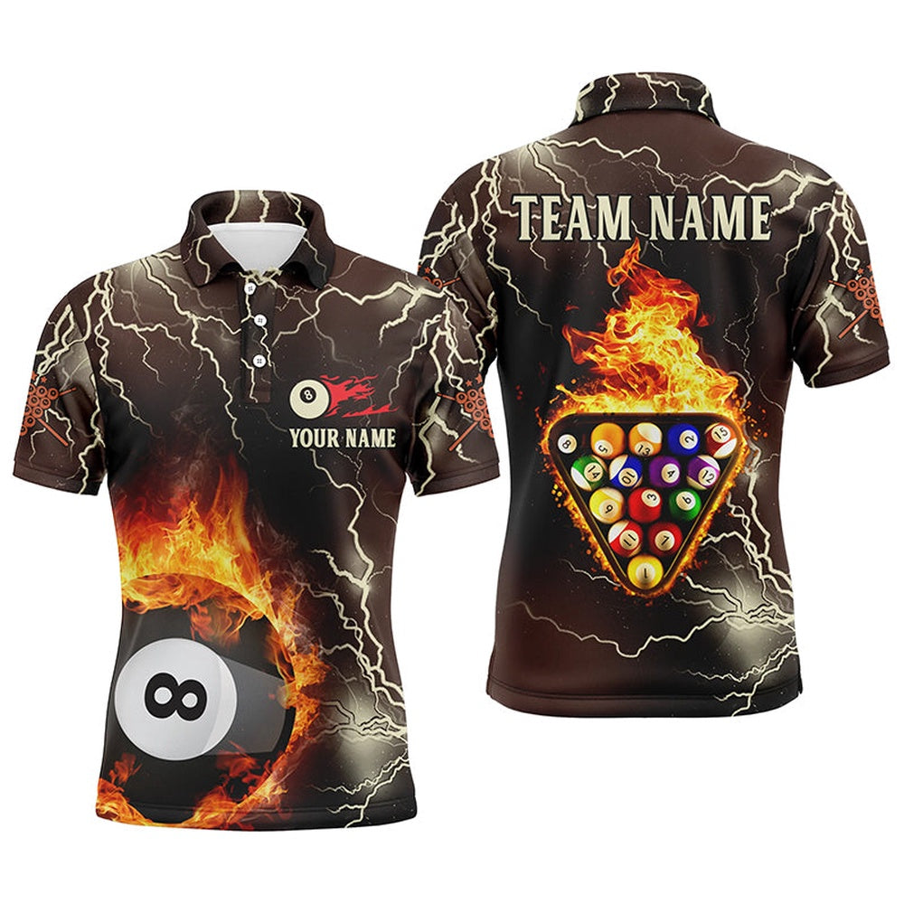 Billiard Polo Shirts, Personalized Fire Flame Lightning Billiard Balls 3D Polo Shirts, Custom 8 Ball Pool Shirts, Billiards Team Shirts
