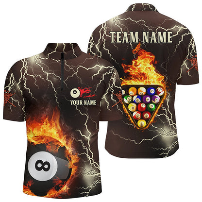 Billiard Polo Shirts, Personalized Fire Flame Lightning Billiard Balls 3D Polo Shirts, Custom 8 Ball Pool Shirts, Billiards Team Shirts