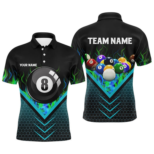 Billiard Polo Shirts, Personalized Fire Hive Blue 8 Ball Billiard 3D Polo Shirts, Custom Pool Balls Team Jerseys, Billiards Team Shirts