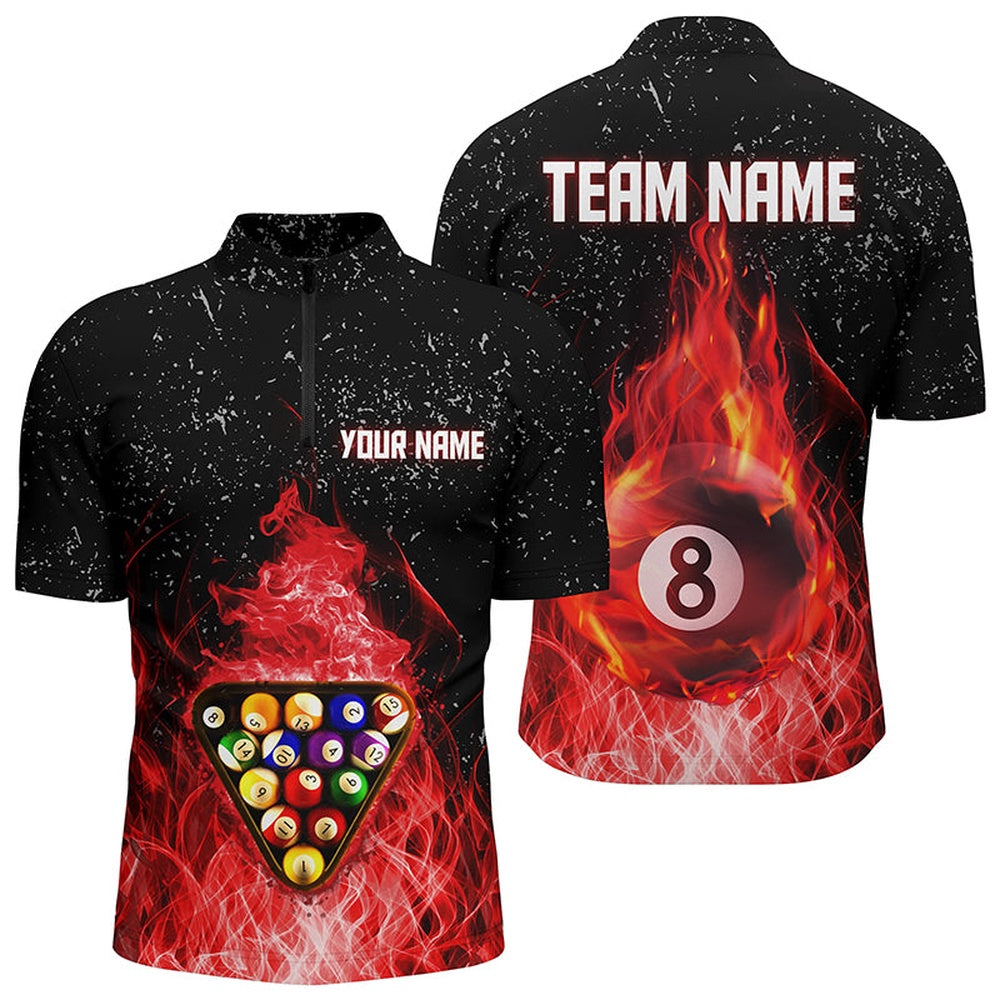 Billiard Polo Shirts, Personalized Fire Pool Balls Red Black Billiard 3D Polo Shirts, 8 Ball Pool Shirts, Billiards Team Shirts