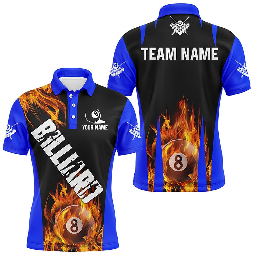 Billiard Polo Shirts, Personalized Flame 8 Ball Pool Fire Billiard Shirts Custom Blue And Black Billiard Jerseys, Billiards Team Shirts