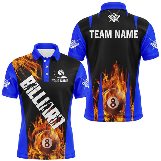 Billiard Polo Shirts, Personalized Flame 8 Ball Pool Fire Billiard Shirts Custom Blue And Black Billiard Jerseys, Billiards Team Shirts
