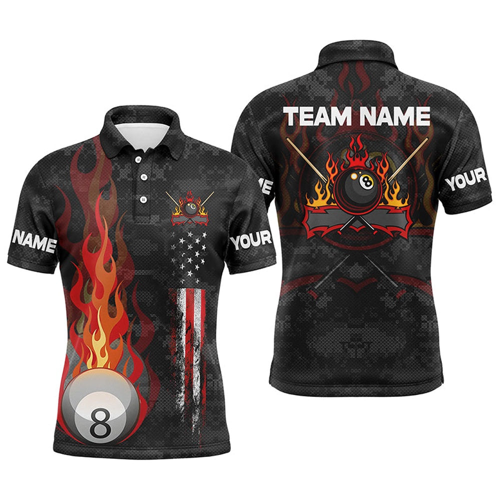 Billiard Polo Shirts, Personalized Flame 8 Ball Pool US Flag 3D Billiard Polo Shirts, Gift For Pool Players, Billiards Team Shirts