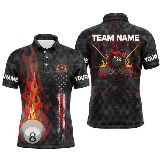 Billiard Polo Shirts, Personalized Flame 8 Ball Pool US Flag 3D Billiard Polo Shirts, Gift For Pool Players, Billiards Team Shirts