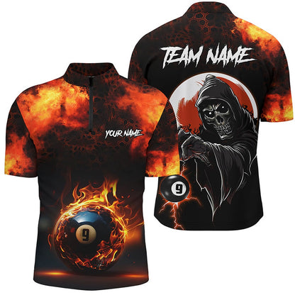 Billiard Polo Shirts, Personalized Flame 9 Ball Pool Billiard Polo Shirts Custom Skull Billiard Team Shirts, Billiards Team Shirts