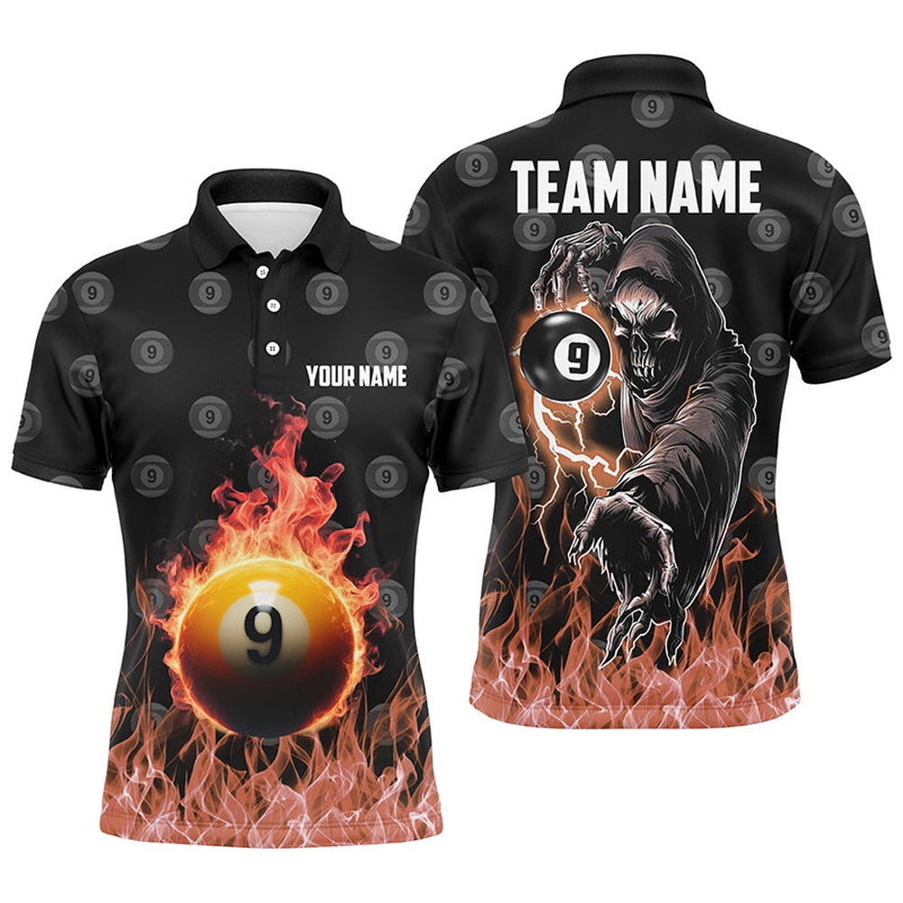 Billiard Polo Shirts, Personalized Flame 9 Ball Pool Pattern Billiard Polo Shirts Custom Skull Billiard Shirts, Billiards Team Shirts