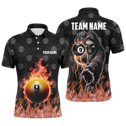 Billiard Polo Shirts, Personalized Flame 9 Ball Pool Pattern Billiard Polo Shirts Custom Skull Billiard Shirts, Billiards Team Shirts