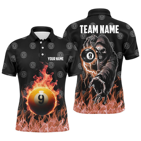 Billiard Polo Shirts, Personalized Flame 9 Ball Pool Pattern Billiard Polo Shirts Custom Skull Billiard Shirts, Billiards Team Shirts