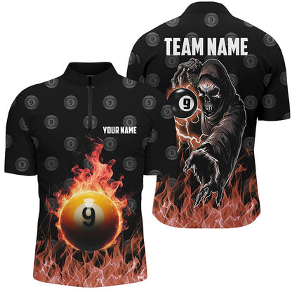 Billiard Polo Shirts, Personalized Flame 9 Ball Pool Pattern Billiard Polo Shirts Custom Skull Billiard Shirts, Billiards Team Shirts