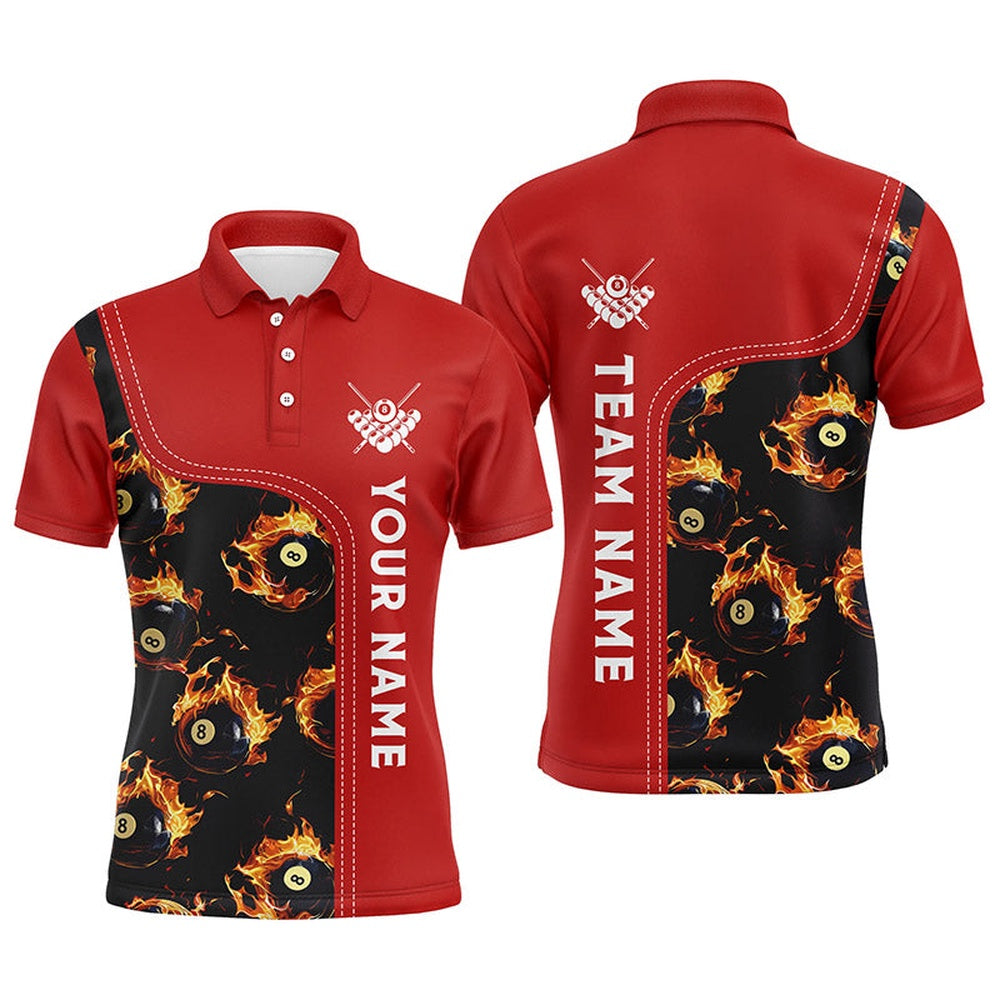 Billiard Polo Shirts, Personalized Flame Red 8 Ball Pool Polo Shirts Custom Billiard Shirts Billiard Team Jerseys, Billiards Team Shirts