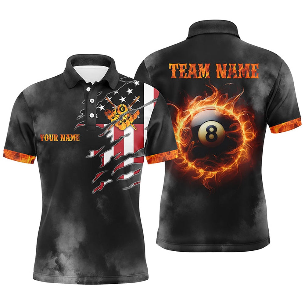 Billiard Polo Shirts, Personalized Flaming 8 Ball Pool Billiard Polo Shirts Custom Us Flag For Billiard Lover, Billiards Team Shirts