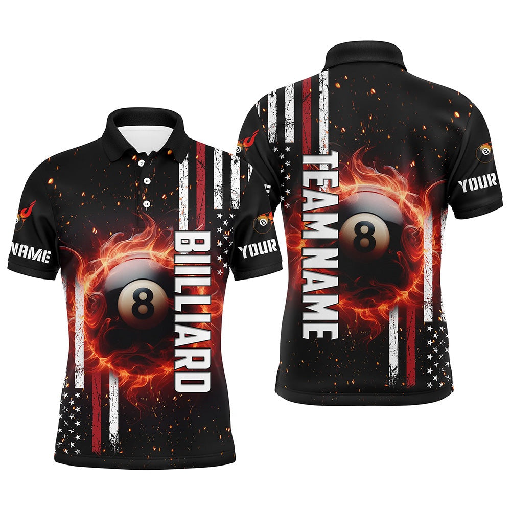 Billiard Polo Shirts, Personalized Flaming 8 Ball Pool Custom Patriotic Billiard Polo Shirts, Pool League Jerseys, Billiards Team Shirts