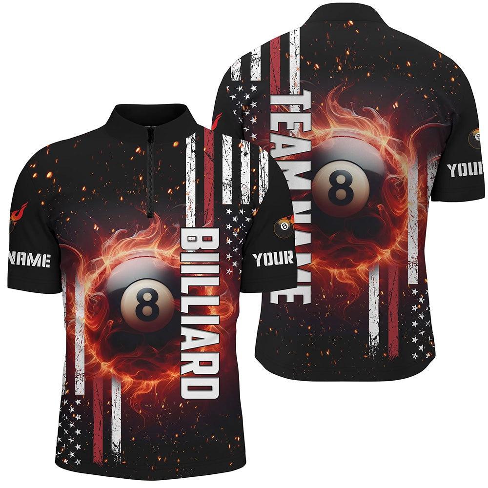Billiard Polo Shirts, Personalized Flaming 8 Ball Pool Custom Patriotic Billiard Polo Shirts, Pool League Jerseys, Billiards Team Shirts