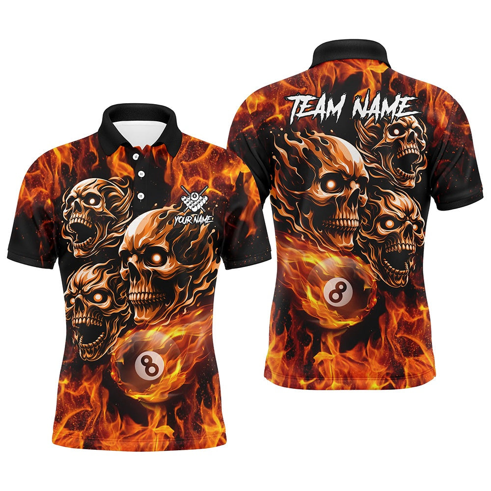 Billiard Polo Shirts, Personalized Flaming 8 Ball Pool Custom Skull Billiard Shirts, Team League Billiard Jerseys, Billiards Team Shirts