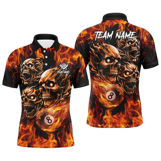 Billiard Polo Shirts, Personalized Flaming 8 Ball Pool Custom Skull Billiard Shirts, Team League Billiard Jerseys, Billiards Team Shirts