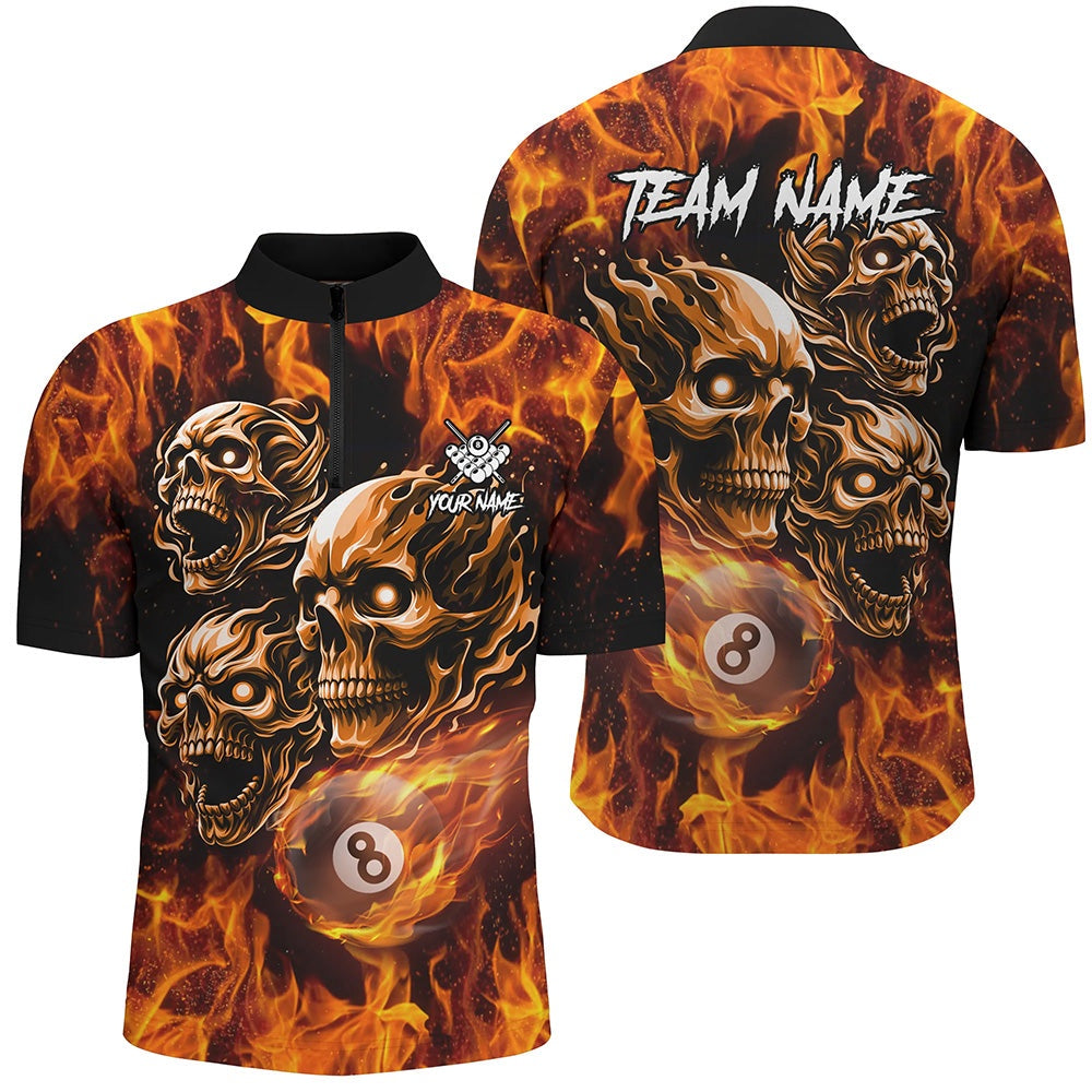 Billiard Polo Shirts, Personalized Flaming 8 Ball Pool Custom Skull Billiard Shirts, Team League Billiard Jerseys, Billiards Team Shirts