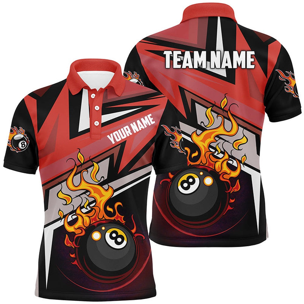 Billiard Polo Shirts, Personalized Funny 8 Ball Fire Billiard Polo Shirts Best Custom Pool Player Shirts, Billiards Team Shirts