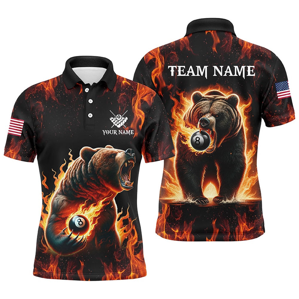 Billiard Polo Shirts, Personalized Funny Bear And 8 Ball Pool Fire Flame Billiard Polo Shirts, Unique Billiard Attire, Billiards Team Shirts