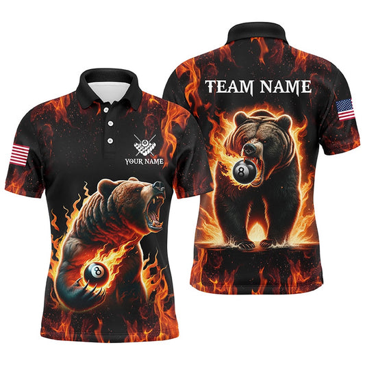 Billiard Polo Shirts, Personalized Funny Bear And 8 Ball Pool Fire Flame Billiard Polo Shirts, Unique Billiard Attire, Billiards Team Shirts