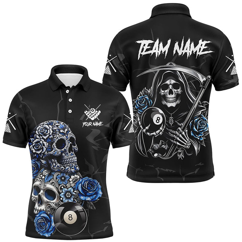 Billiard Polo Shirts, Personalized Funny Blue Skull Roses 8 Ball Billiard Shirts Custom Pool Team Shirts Designs, Billiards Team Shirts