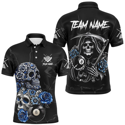 Billiard Polo Shirts, Personalized Funny Blue Skull Roses 8 Ball Billiard Shirts Custom Pool Team Shirts Designs, Billiards Team Shirts