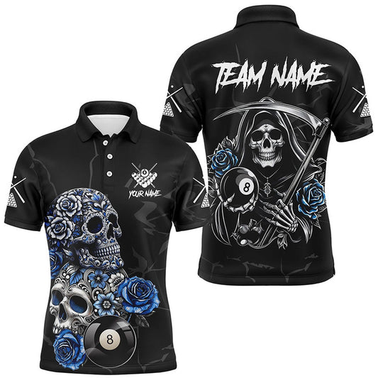Billiard Polo Shirts, Personalized Funny Blue Skull Roses 8 Ball Billiard Shirts Custom Pool Team Shirts Designs, Billiards Team Shirts