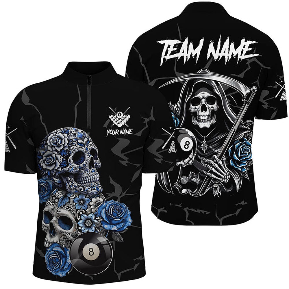 Billiard Polo Shirts, Personalized Funny Blue Skull Roses 8 Ball Billiard Shirts Custom Pool Team Shirts Designs, Billiards Team Shirts