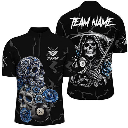 Billiard Polo Shirts, Personalized Funny Blue Skull Roses 8 Ball Billiard Shirts Custom Pool Team Shirts Designs, Billiards Team Shirts