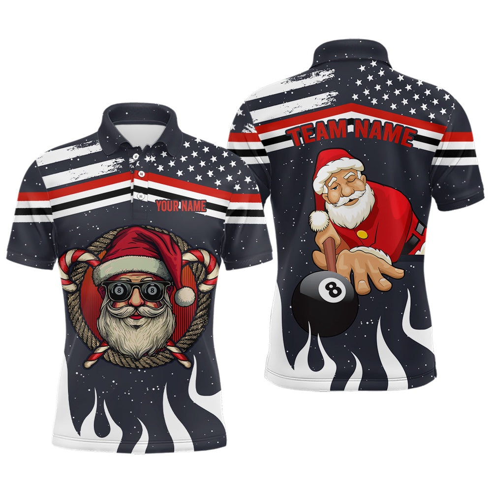 Billiard Polo Shirts, Personalized Funny Christmas Shirts Santa Playing Billiard Custom Us Flag Fire Polo Shirts, Billiards Team Shirts