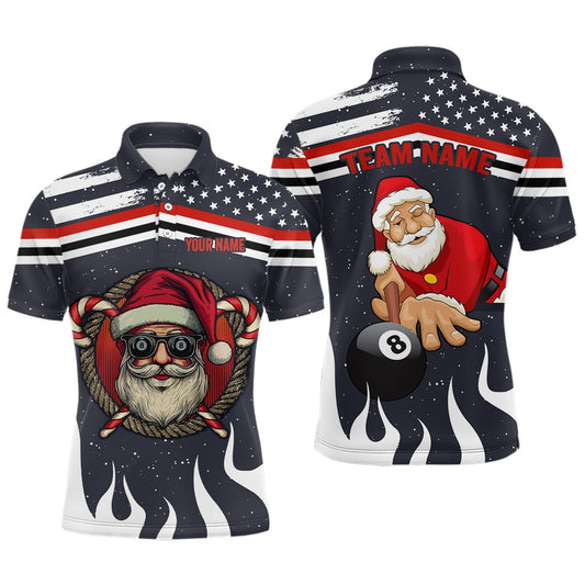 Billiard Polo Shirts, Personalized Funny Christmas Shirts Santa Playing Billiard Custom Us Flag Fire Polo Shirts, Billiards Team Shirts