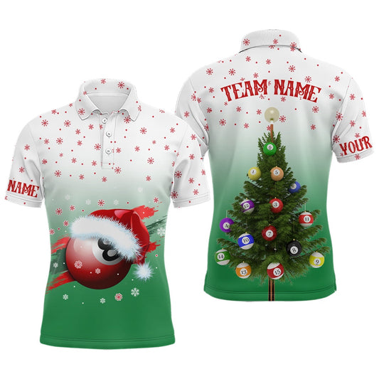 Billiard Polo Shirts, Personalized Funny Christmas Tree Billiard Balls Green 3D Polo Shirts, Christmas Shirt Ideas, Billiards Team Shirts