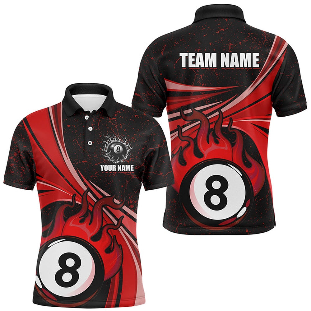 Billiard Polo Shirts, Personalized Funny Flaming 8 Ball Pool Custom Red Billiard Jerseys Shirts, Billiard Apparel, Billiards Team Shirts