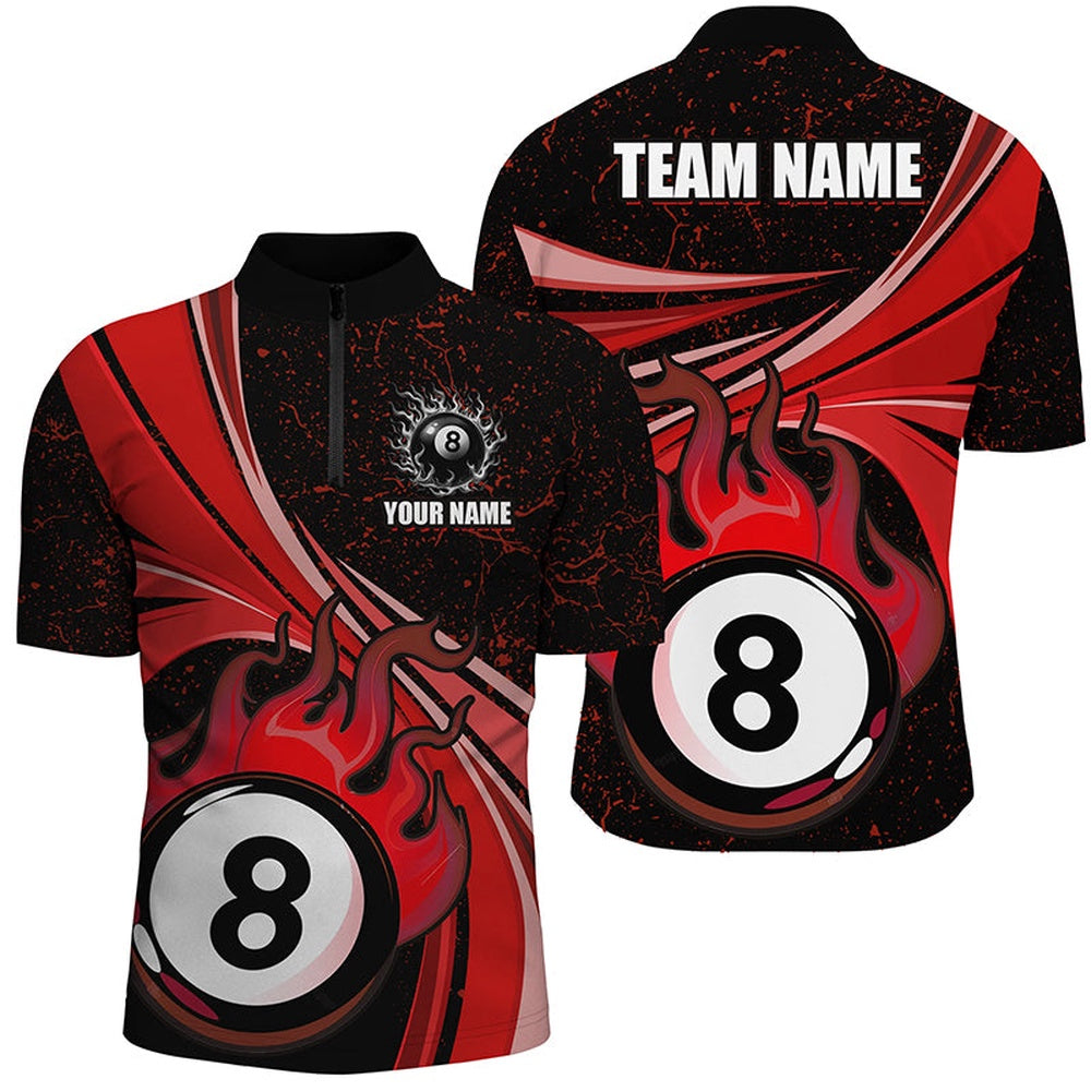 Billiard Polo Shirts, Personalized Funny Flaming 8 Ball Pool Custom Red Billiard Jerseys Shirts, Billiard Apparel, Billiards Team Shirts
