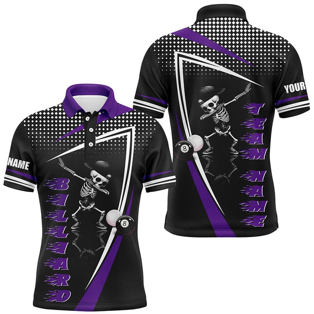 Billiard Polo Shirts, Personalized Funny Skeleton Billiard Balls Custom Name 3D Printed Billiard Jerseys Purple, Billiards Team Shirts