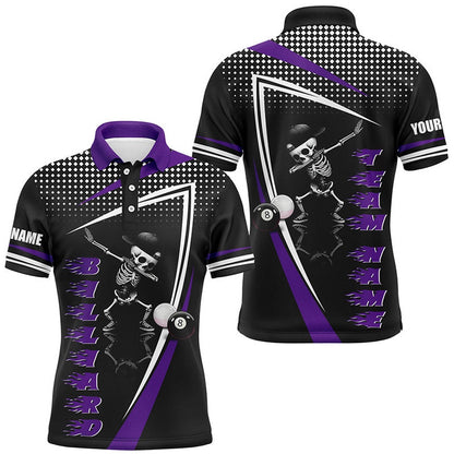 Billiard Polo Shirts, Personalized Funny Skeleton Billiard Balls Custom Name 3D Printed Billiard Jerseys Purple, Billiards Team Shirts