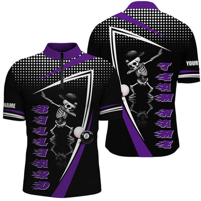 Billiard Polo Shirts, Personalized Funny Skeleton Billiard Balls Custom Name 3D Printed Billiard Jerseys Purple, Billiards Team Shirts