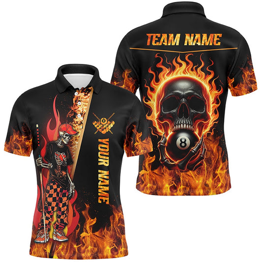 Billiard Polo Shirts, Personalized Funny Skeleton Fire Flame 3D Billiard Shirts Custom Skull 8 Ball Pool Shirts, Billiards Team Shirts