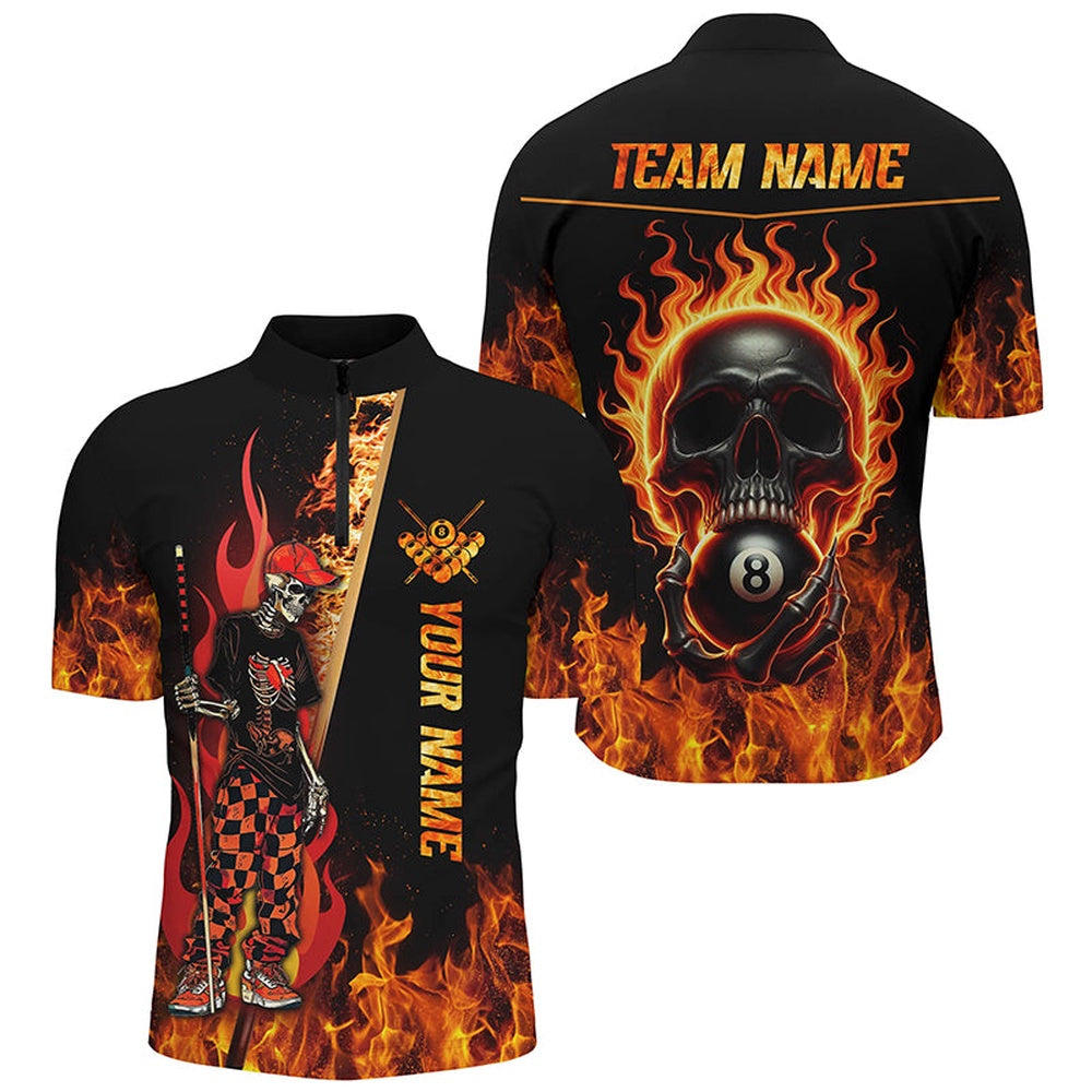 Billiard Polo Shirts, Personalized Funny Skeleton Fire Flame 3D Billiard Shirts Custom Skull 8 Ball Pool Shirts, Billiards Team Shirts